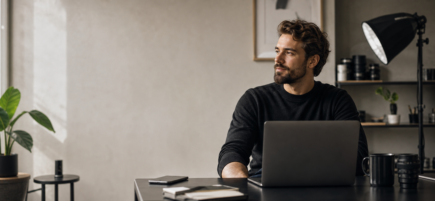 Editorial creator studio with laptop and production light